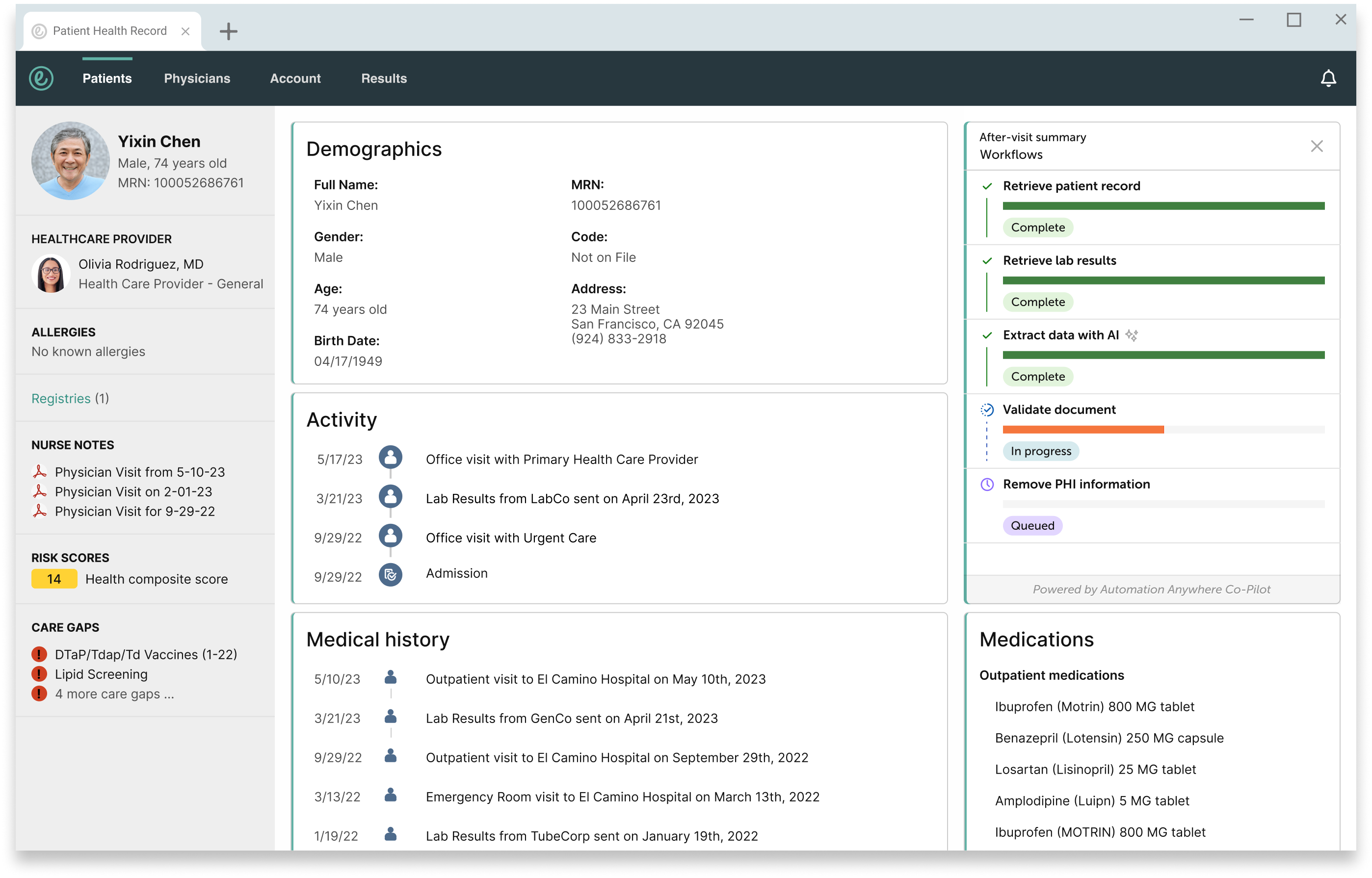 Automation Anywhere patient health record orchestration widget showing AI Co-Pilot workflow steps for after-visit summaries