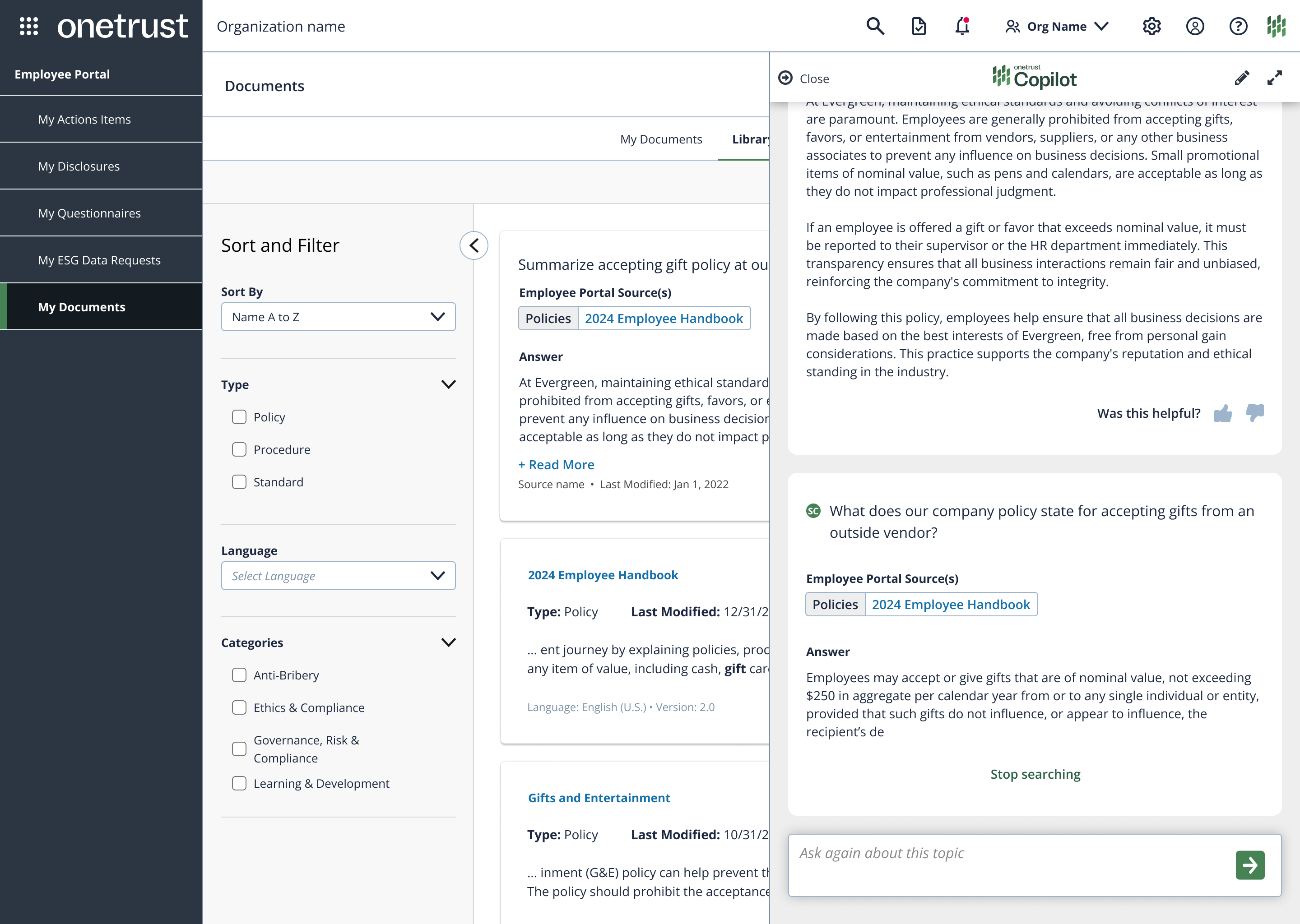 OneTrust Employee Portal documents page with AI Copilot panel answering a gift policy question with cited sources