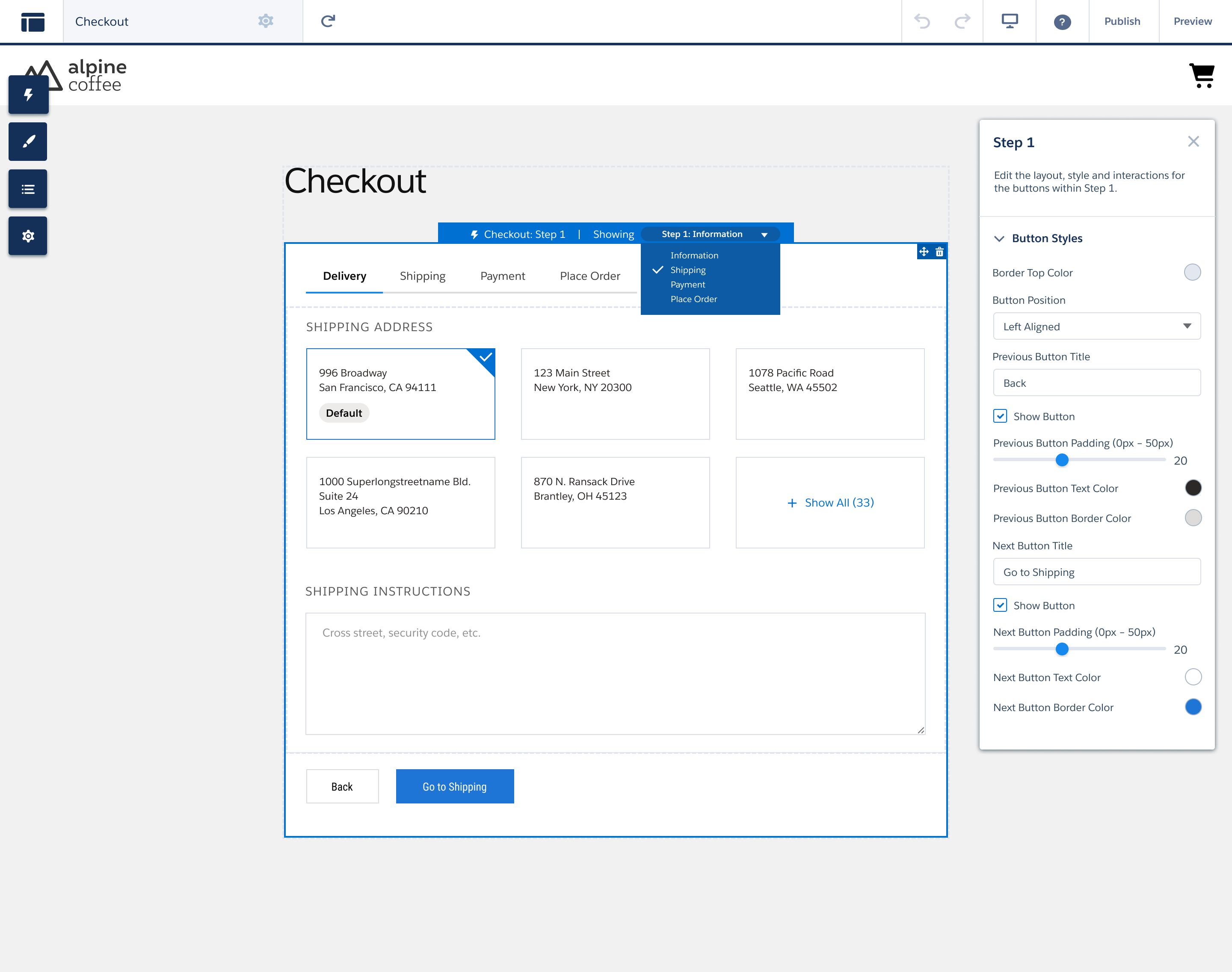 Salesforce Commerce Cloud checkout builder for Alpine Coffee with delivery, shipping, and payment steps and a button-styling configuration panel