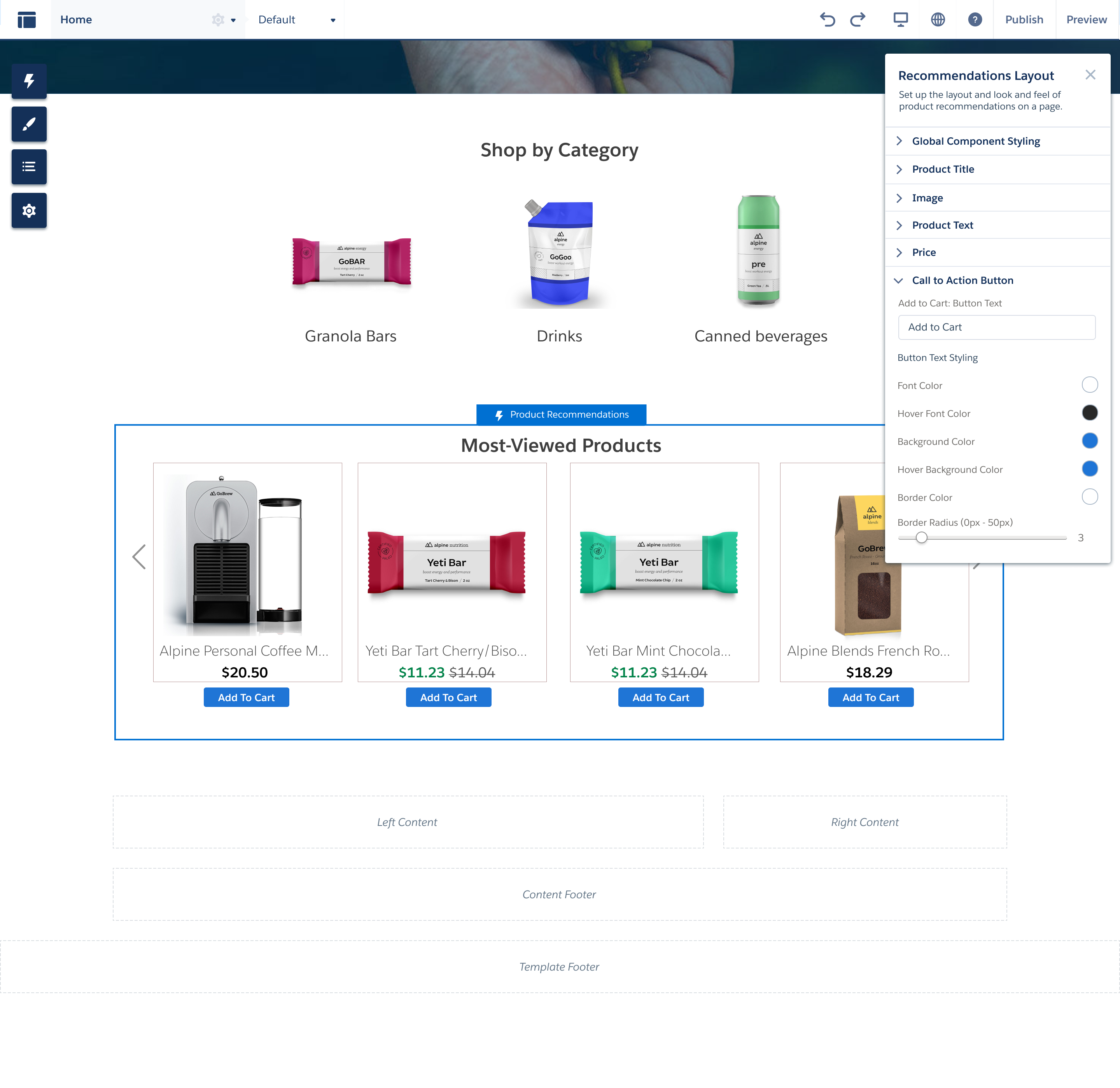 Salesforce Commerce Cloud Most-Viewed Products recommendations layout with a styling configuration panel for the Add to Cart button